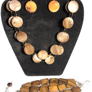 VTG MOP Brown Shell Set 2 Necklaces Round Earrings 4 Strand Artisan 925 Bracelet
